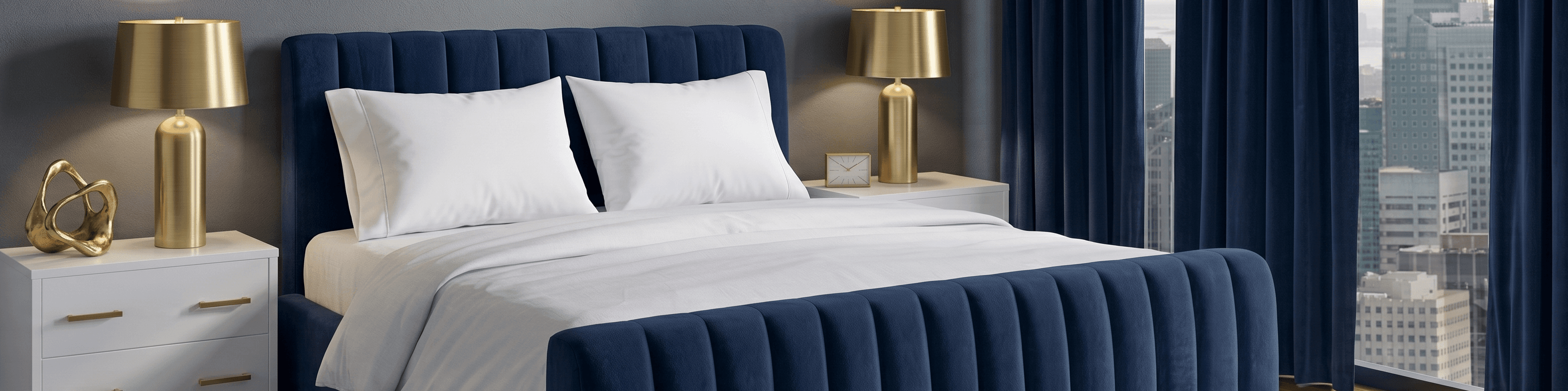 Premium bedroom with a navy bed and a city skyline view